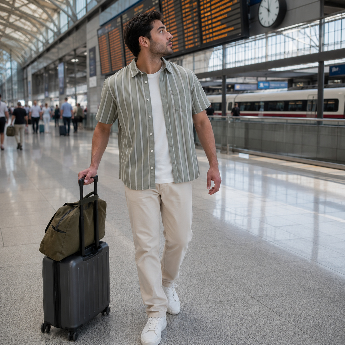 Men's stretch poplin shirt worn for casual travel