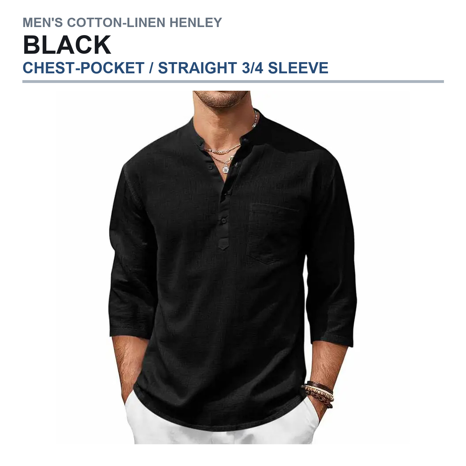 Chest-pocket straight three-quarter-sleeve henley shirt in black