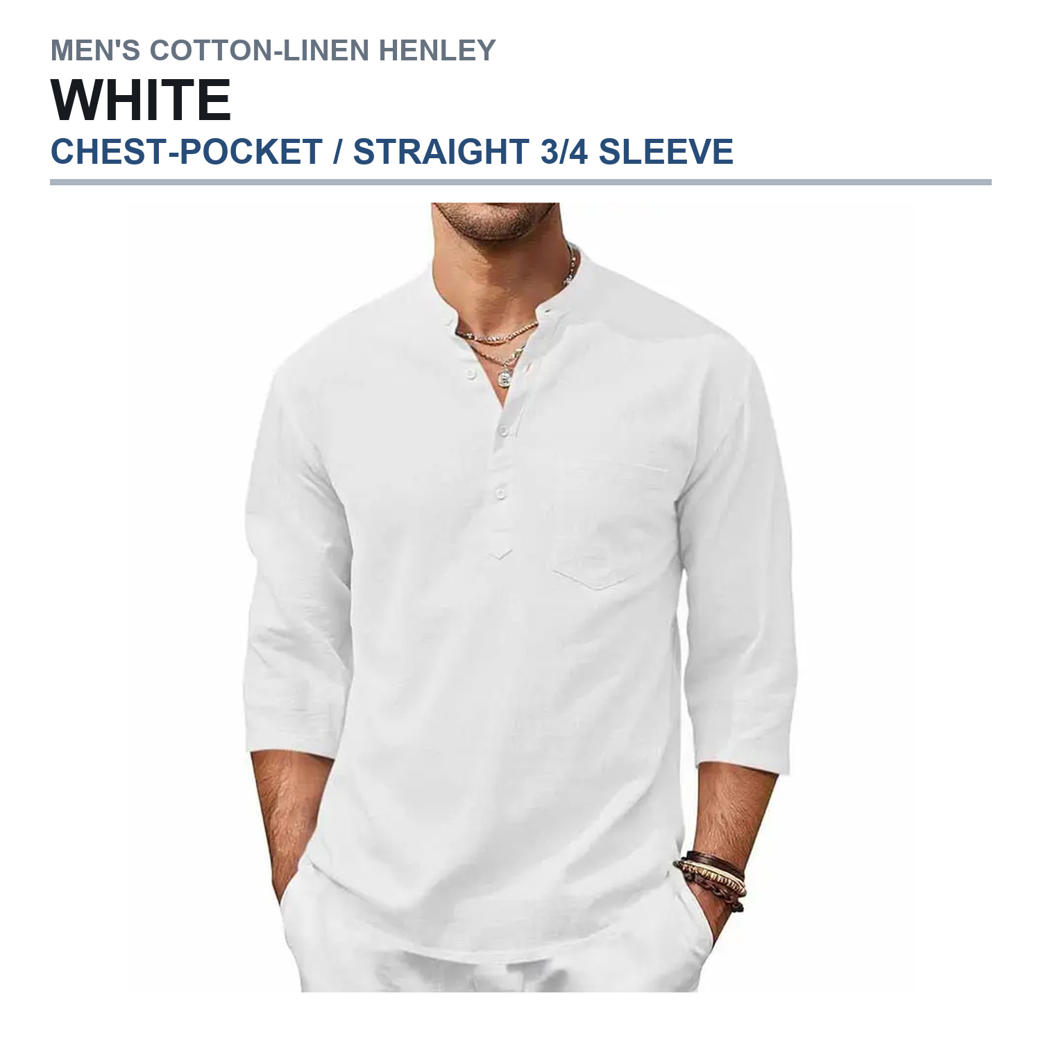 Chest-pocket straight three-quarter-sleeve henley shirt in white