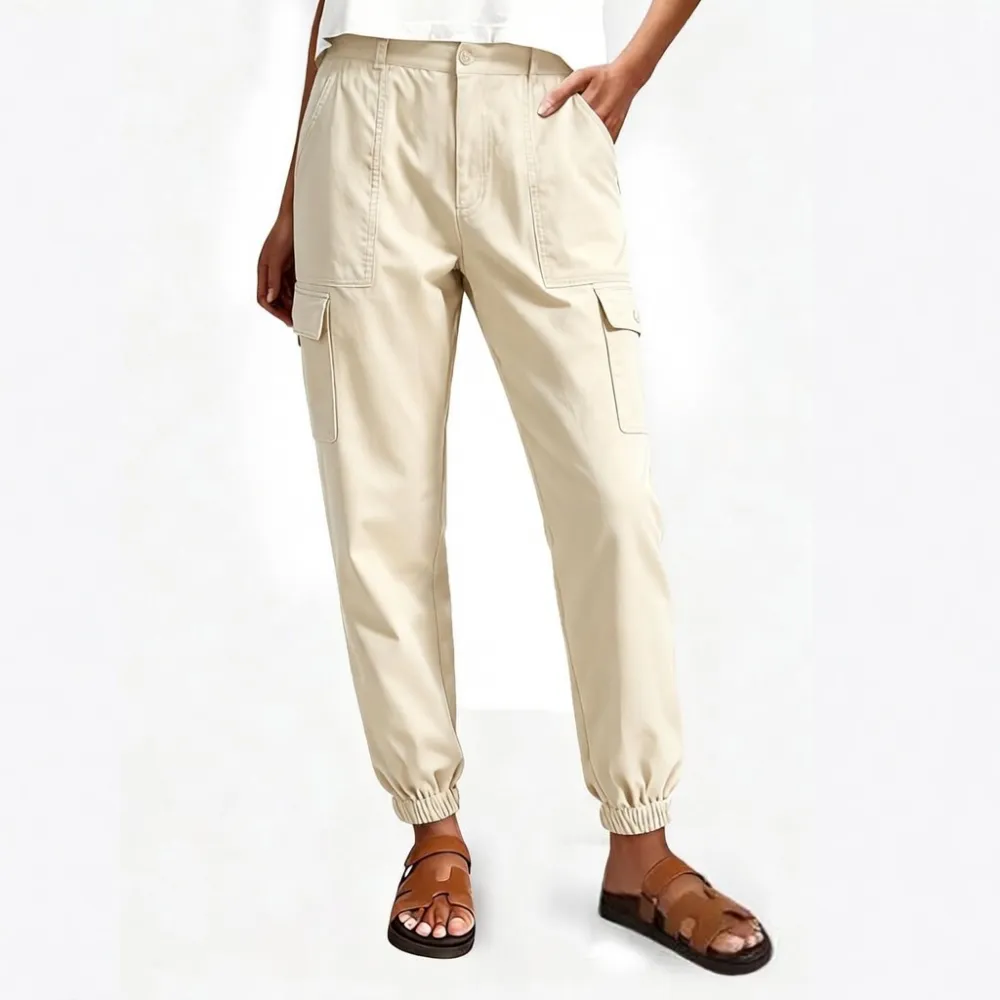 Lightweight Cotton-Blend Cargo Joggers for Women – Elastic Cuff Utility Pants