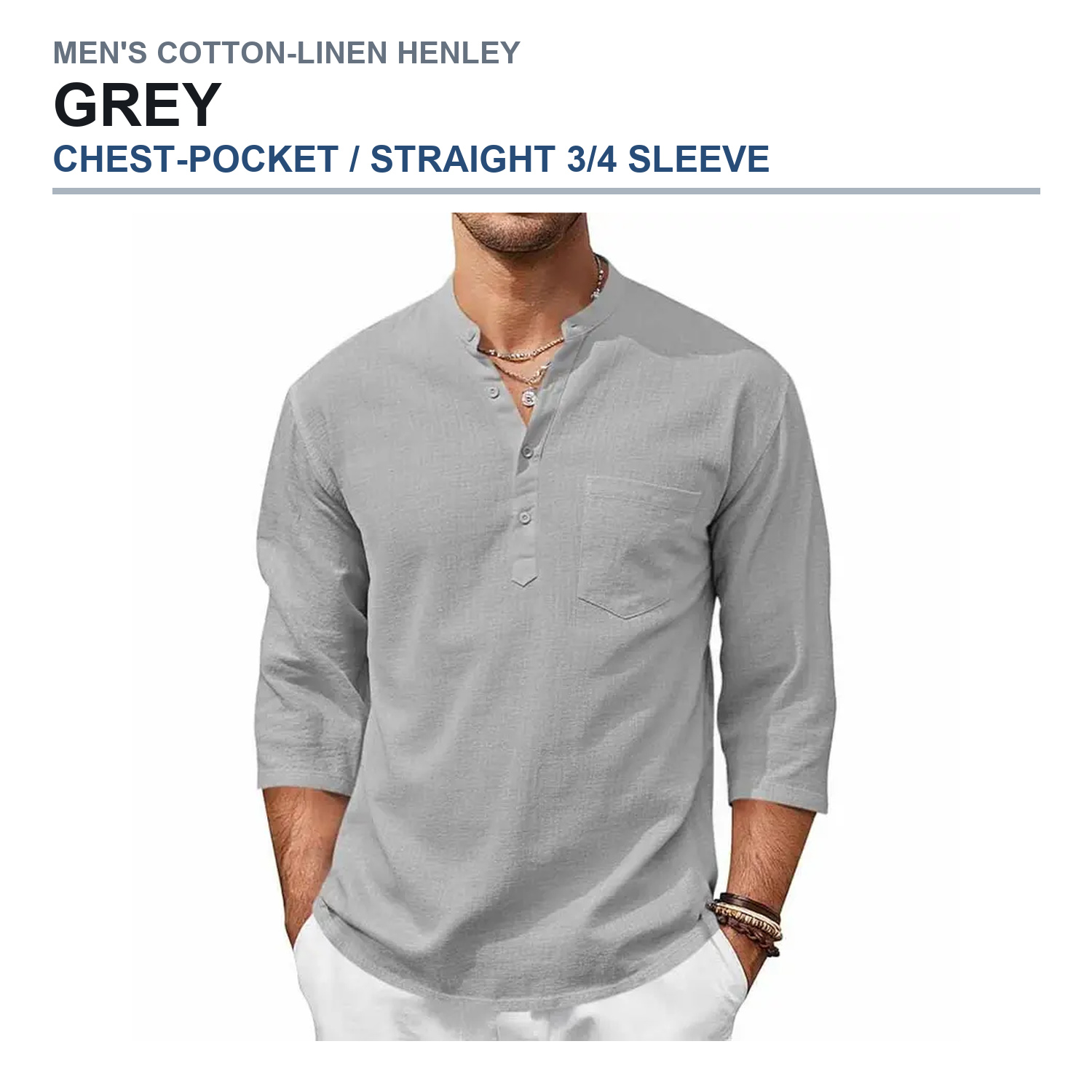 Chest-pocket straight three-quarter-sleeve henley shirt in grey