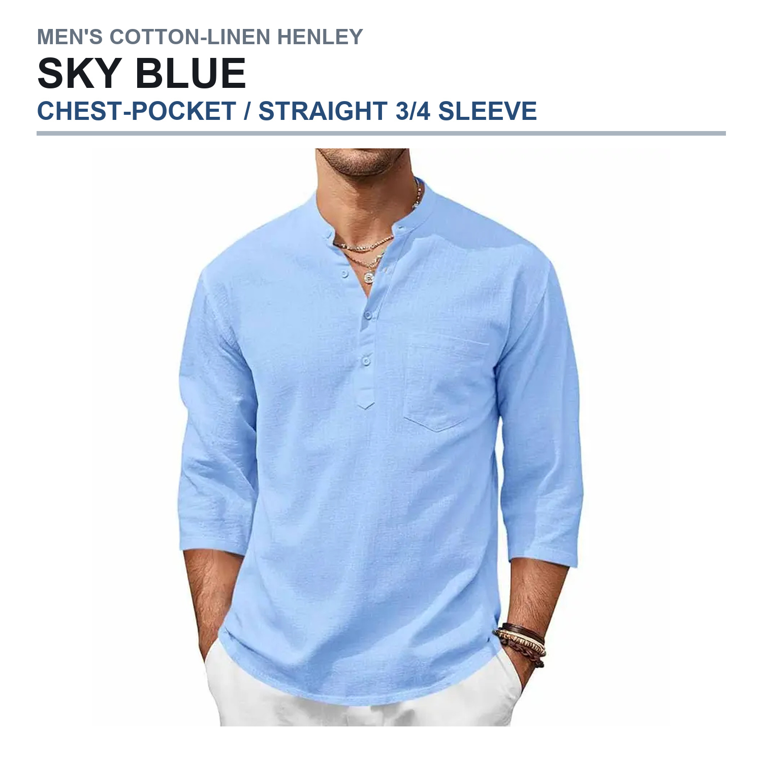 Chest-pocket straight three-quarter-sleeve henley shirt in sky blue