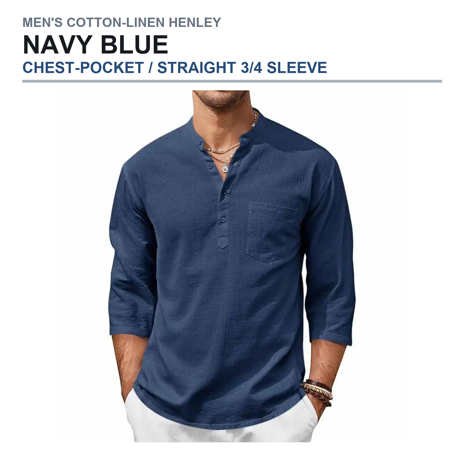 Chest-pocket straight three-quarter-sleeve henley shirt in navy blue