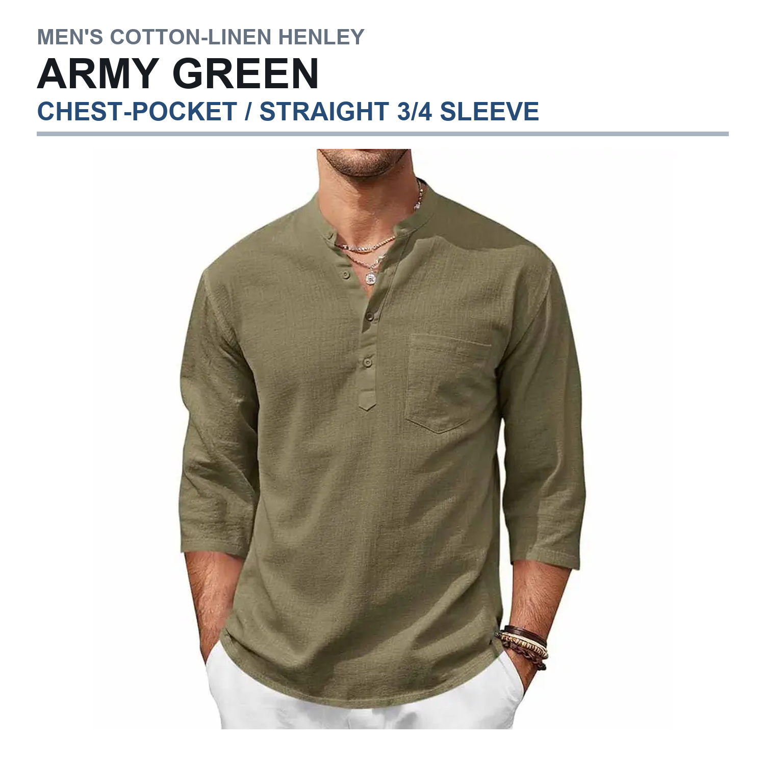 Chest-pocket straight three-quarter-sleeve henley shirt in army green