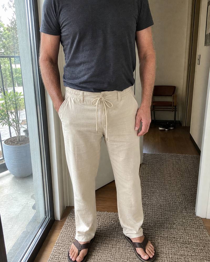 Light beige drawstring linen pants photographed by an apartment balcony door