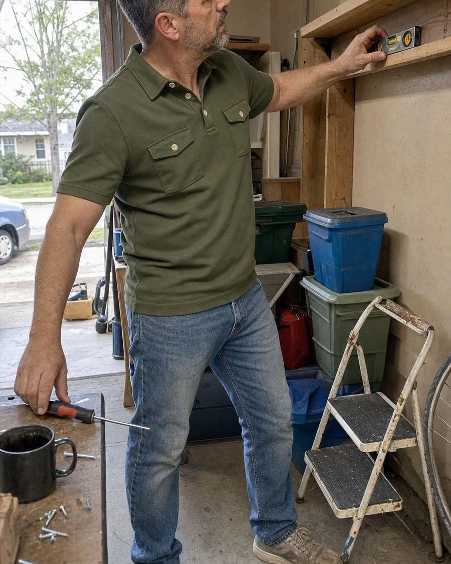 Short sleeve utility polo worn while organizing tools in a home workshop