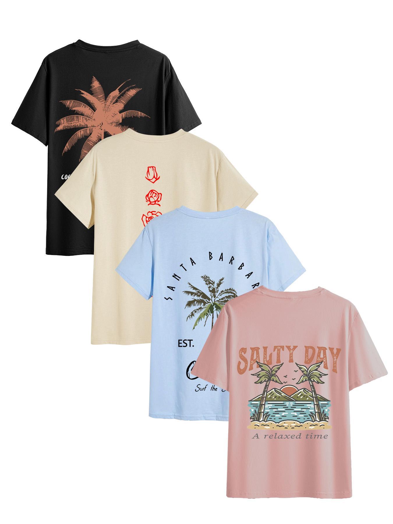 Men's Letter & Tropical Palm Tree Print Short Sleeve Loungewear Tee, Casual Comfy Round Neck T-shirt for Daily Wear, Men's Sleepwear & Loungewear for All Seasons