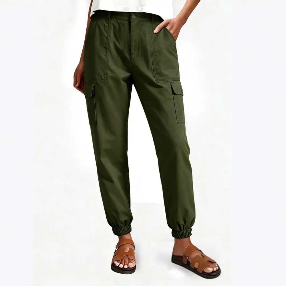 Lightweight Cotton-Blend Cargo Joggers for Women – Elastic Cuff Utility Pants