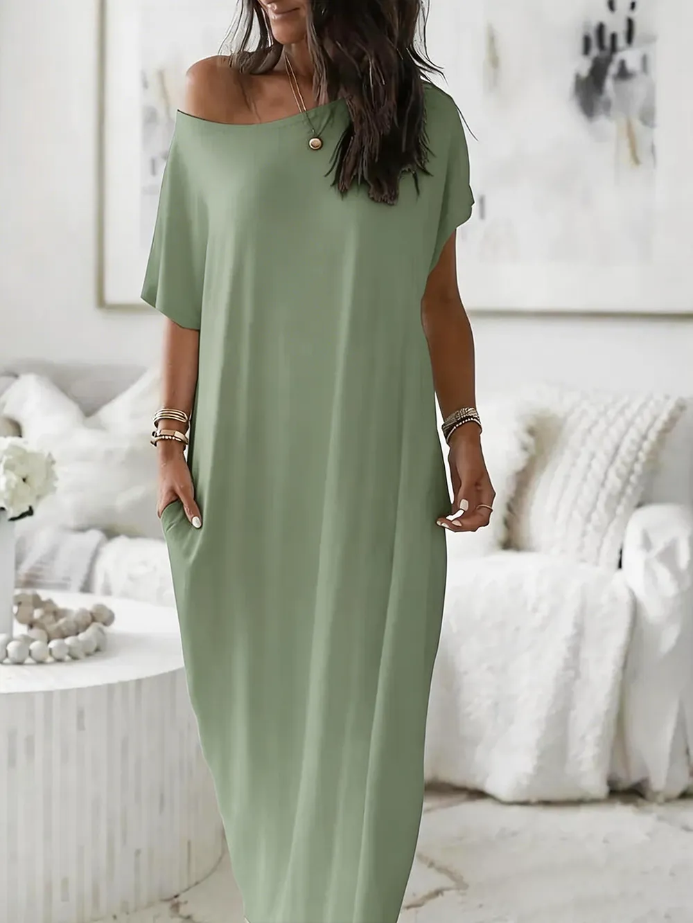 Women's Casual Off-Shoulder Maxi Dress with Pockets