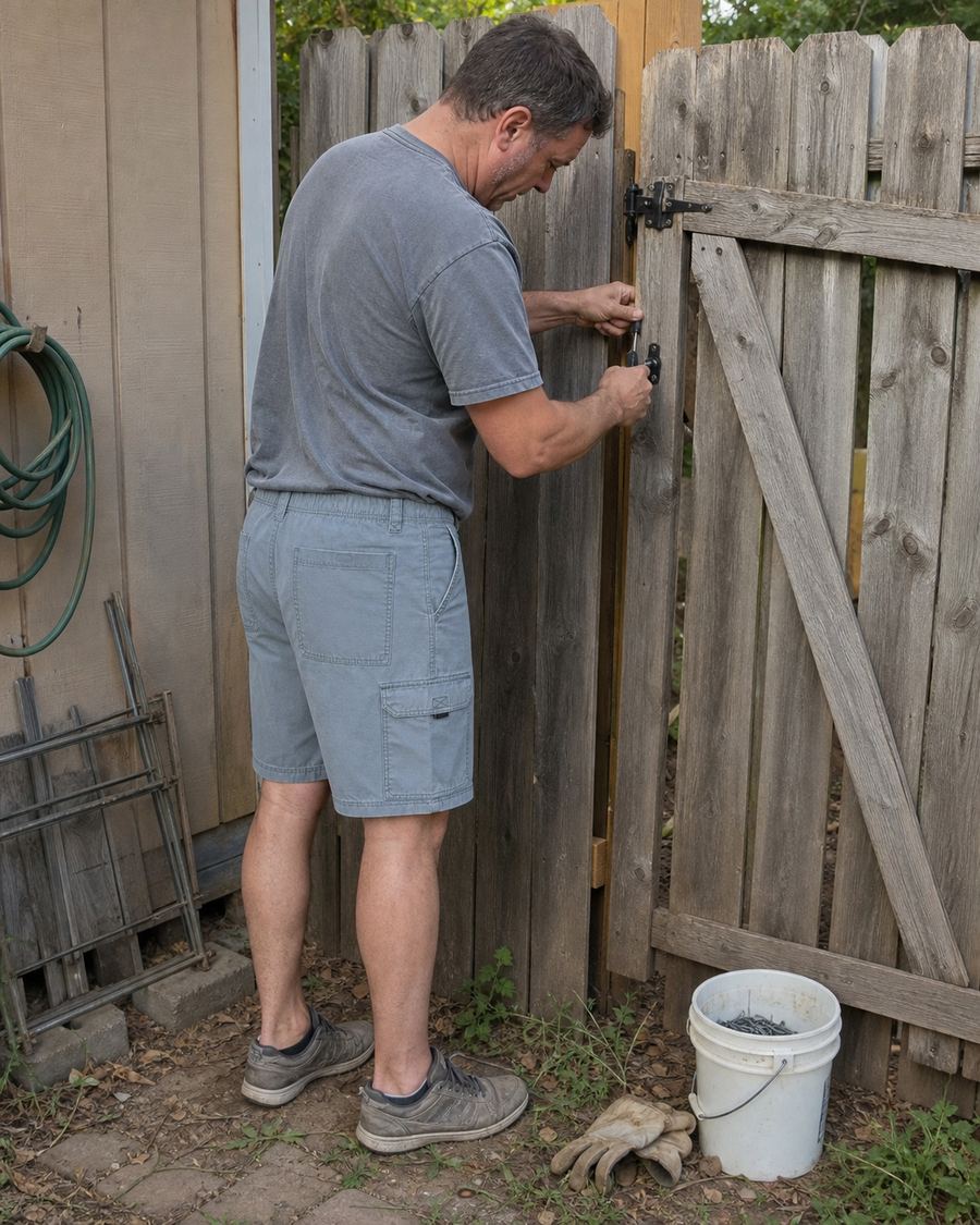 Canvas utility hiker shorts worn while repairing a backyard fence