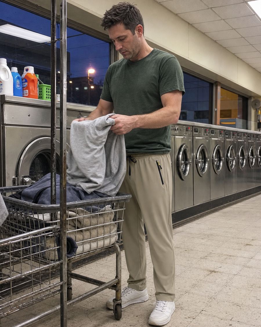 Light khaki hiking jogger pants worn at a neighborhood laundromat