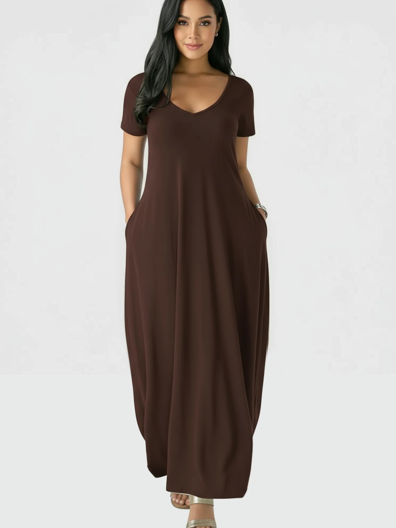Women's Long Coffee Color Loungewear Dress, Casual Fitted Style, Large Round Neck Short Sleeve Pocket Sleepwear, Soft Fabric Everyday All Seasons Wear