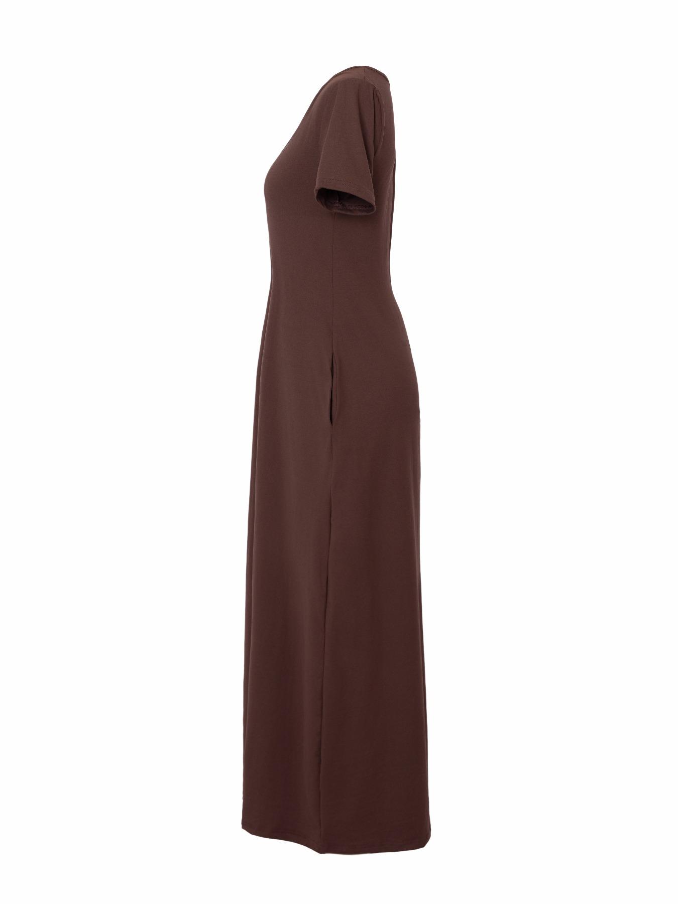 Women's Long Coffee Color Loungewear Dress, Casual Fitted Style, Large Round Neck Short Sleeve Pocket Sleepwear, Soft Fabric Everyday All Seasons Wear
