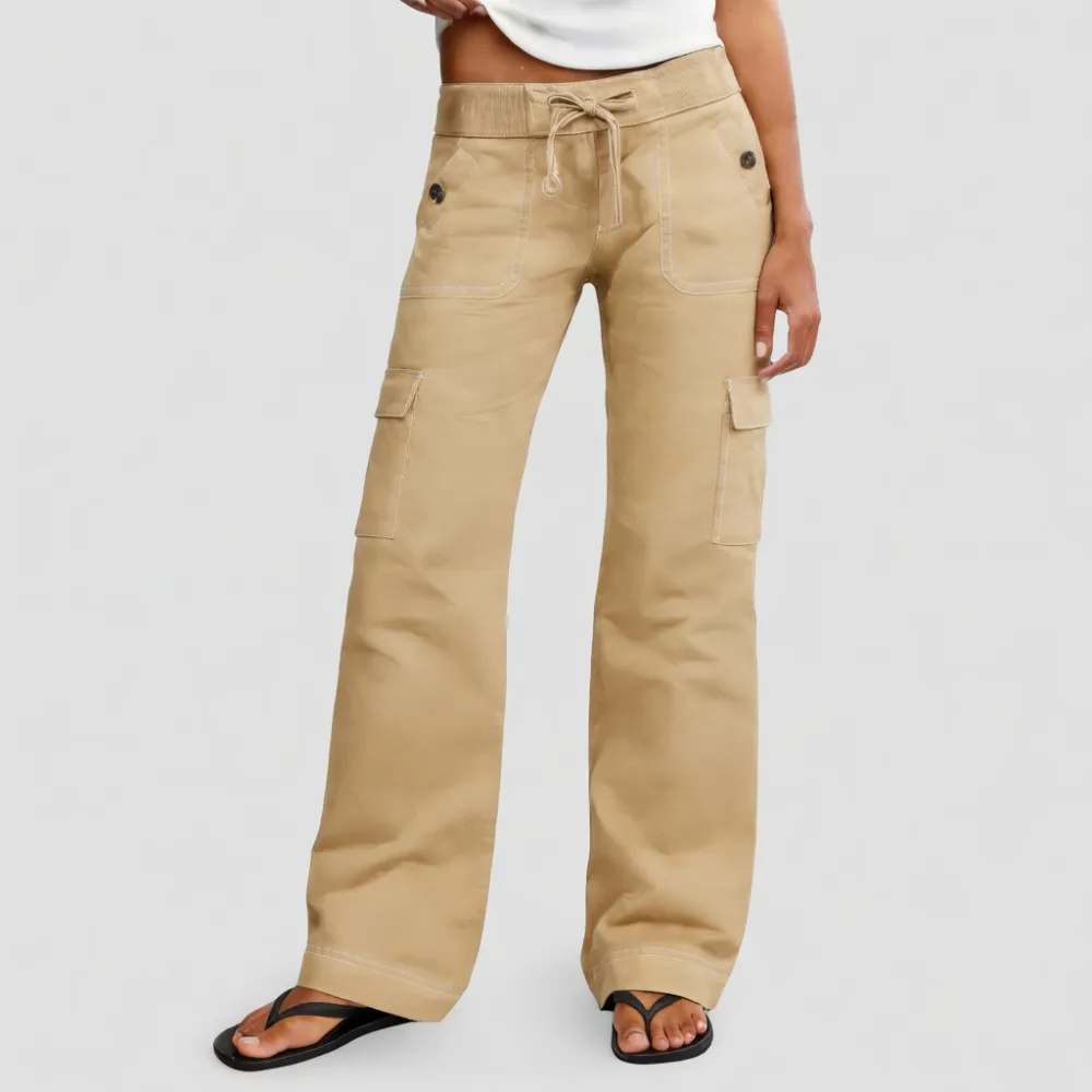 Women's Wide Leg Cargo Pants - Stretchy Waist Casual Workwear with Contrast Stitching