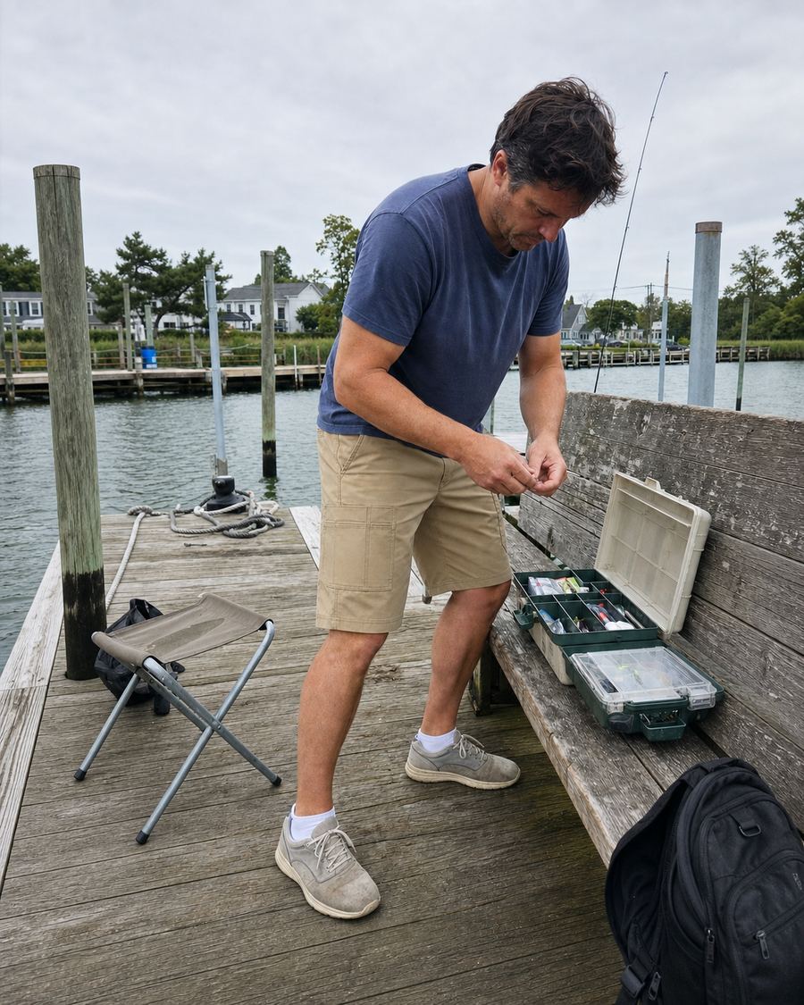 Quick-dry fishing cargo shorts worn while organizing tackle on a neighborhood dock