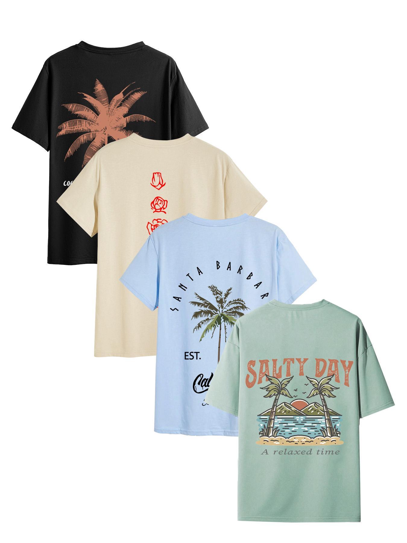 Men's Letter & Tropical Palm Tree Print Short Sleeve Loungewear Tee, Casual Comfy Round Neck T-shirt for Daily Wear, Men's Sleepwear & Loungewear for All Seasons