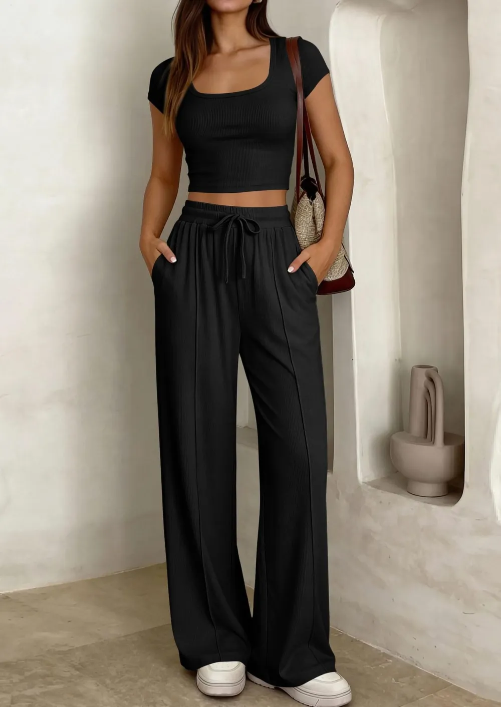 Women's 2 Piece Outfits Square Neck Crop Top High Waist Wide Leg Pants Loungewear Set