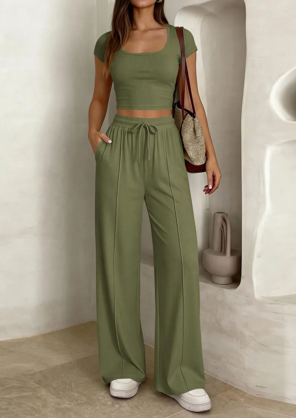 Women's 2 Piece Outfits Square Neck Crop Top High Waist Wide Leg Pants Loungewear Set