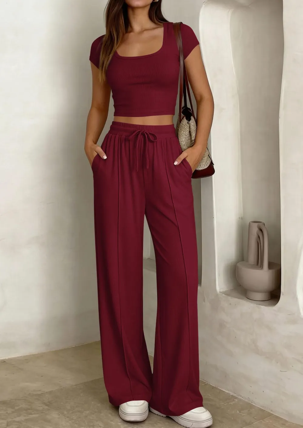 Women's 2 Piece Outfits Square Neck Crop Top High Waist Wide Leg Pants Loungewear Set