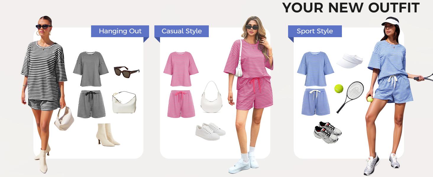 Womens Striped Short Sets 2 Piece Outfits Sweatsuits 3/4 Sleeve Pajamas Casual Lounge Sets #TikTokShopHolidayHaul
