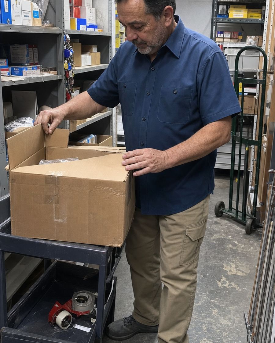 Industrial work shirt worn while organizing boxes in a small stockroom