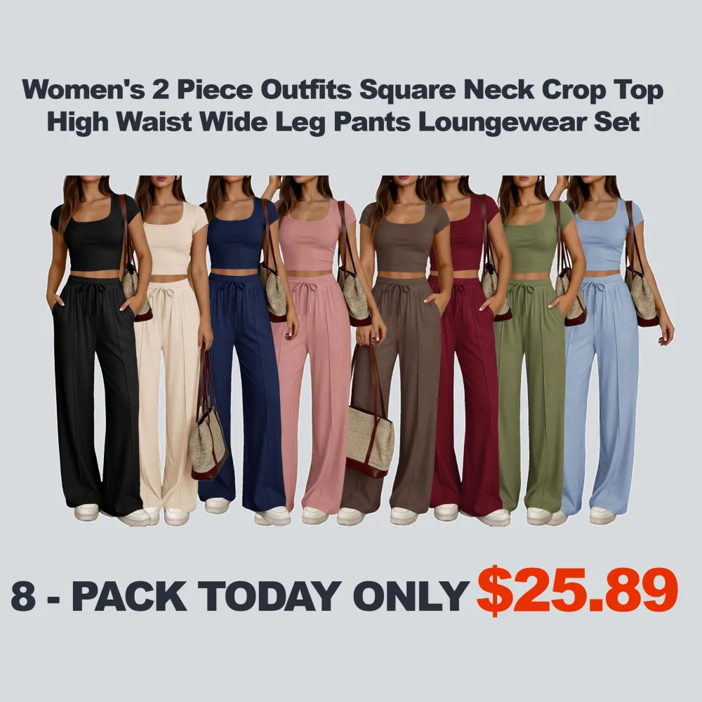 Women's 2 Piece Outfits Square Neck Crop Top High Waist Wide Leg Pants Loungewear Set