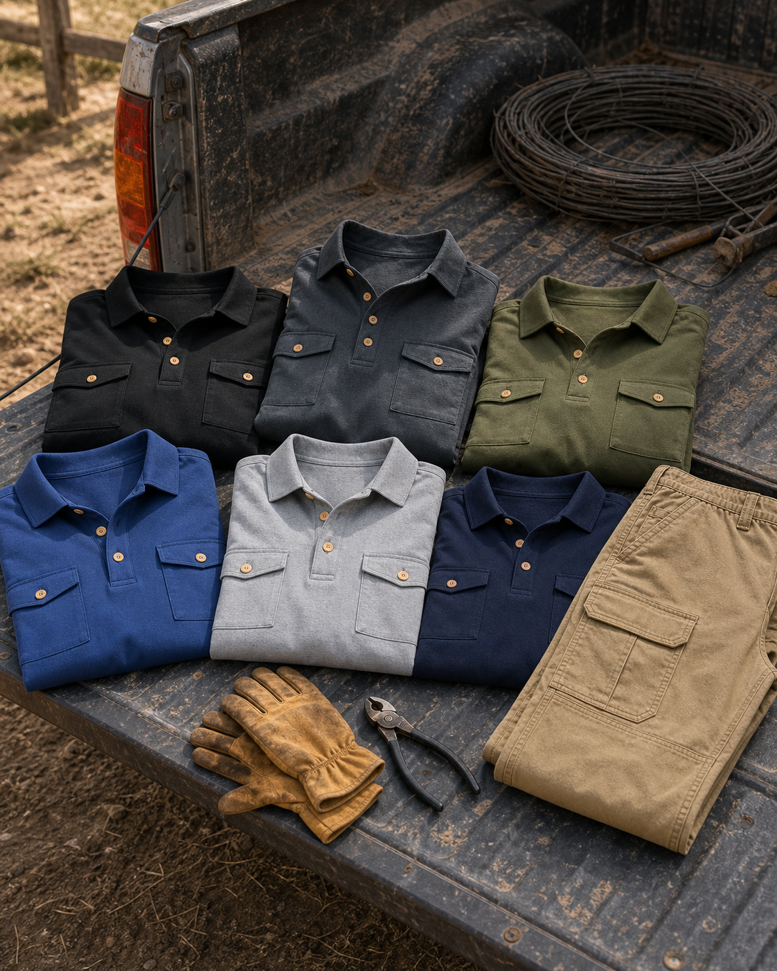 Six-color utility polo workweek set with khaki cargo pants, gloves, and fencing pliers on a pickup tailgate