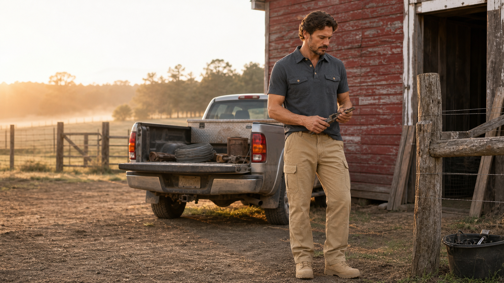 Farm worker in a charcoal utility polo and khaki cargo pants beside a barn at sunrise