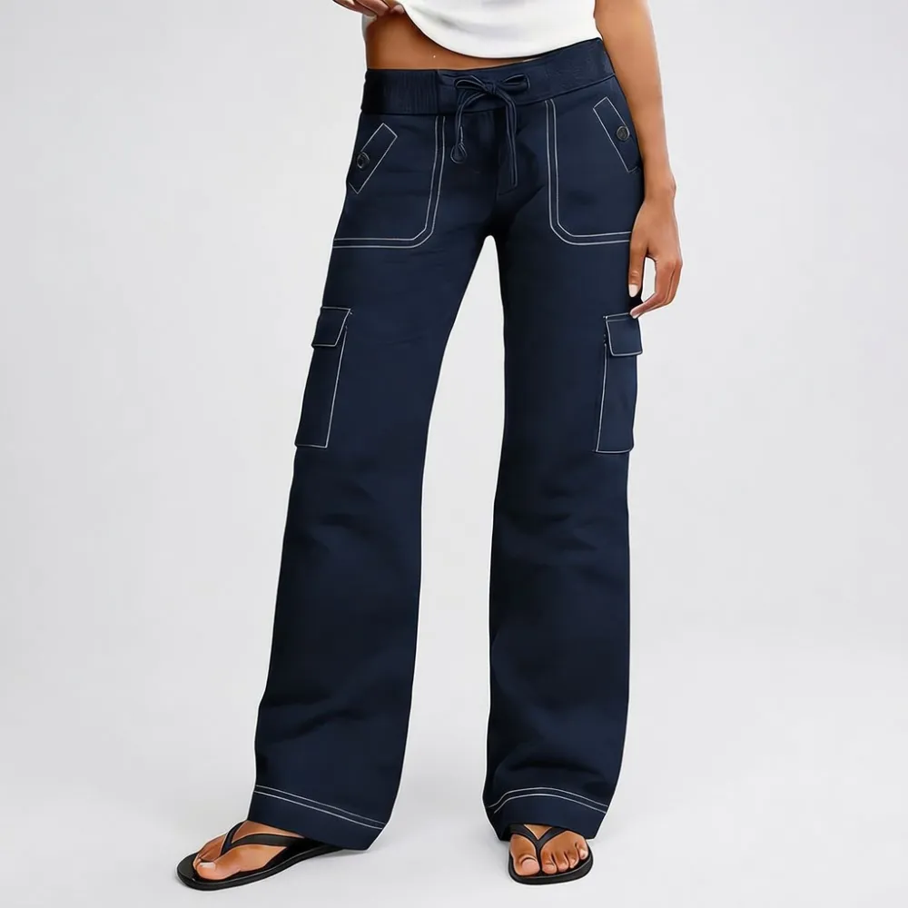 Women's Wide Leg Cargo Pants - Stretchy Waist Casual Workwear with Contrast Stitching