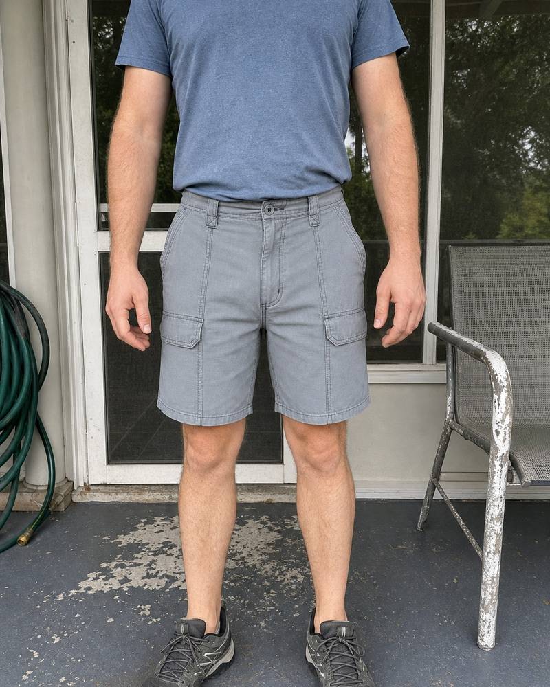Gray-blue canvas utility hiker shorts photographed on a backyard porch