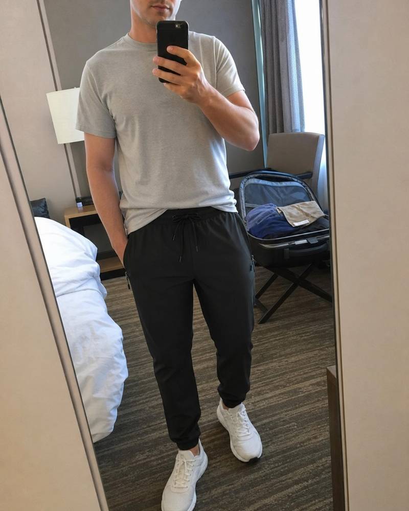 Black lightweight hiking jogger pants shown in a casual hotel mirror selfie