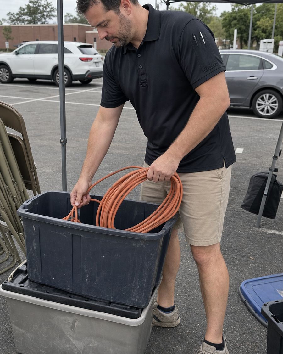 Quick-dry tactical polo worn while setting up tables at a community event