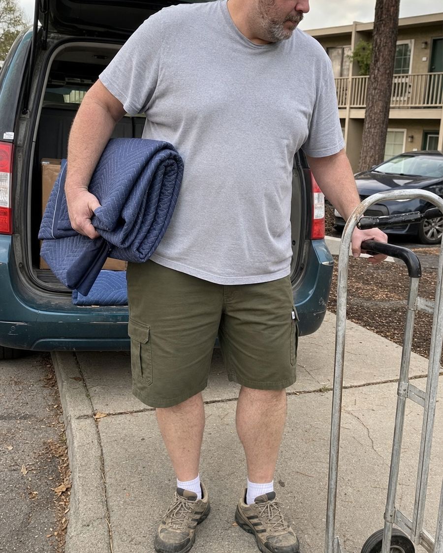Big and tall stretch twill cargo shorts worn while moving boxes into an apartment