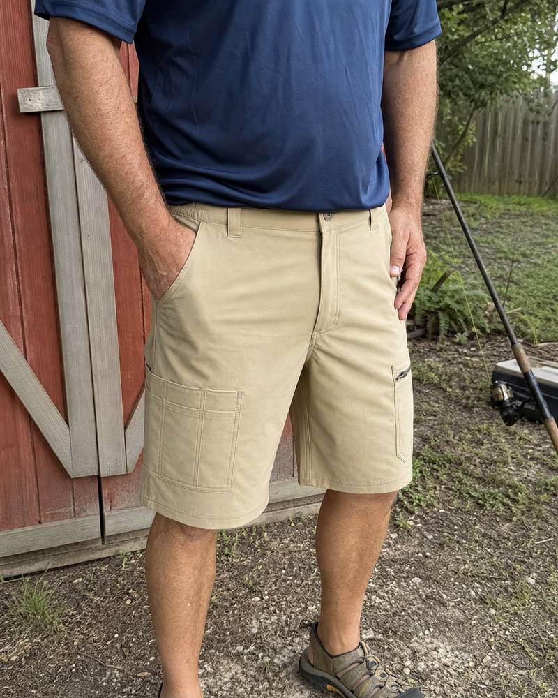 Quick-dry fishing cargo shorts photographed beside a backyard shed