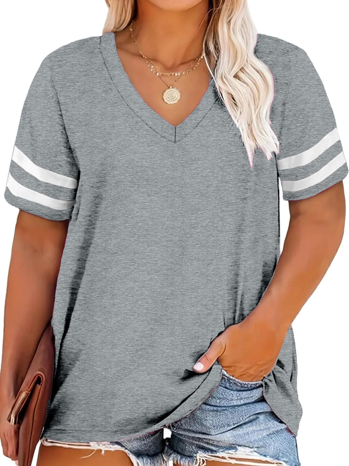 Plus Size Contrast Striped Print V Neck Tee, Casual Short Sleeve T-shirt for Summer, Women's Plus Clothing for Daily Wear, Everyday Cute Tops