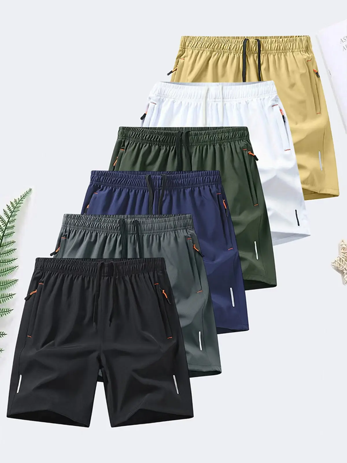 6-piece set, men's zipper pocket shorts, summer ice silk beach shorts