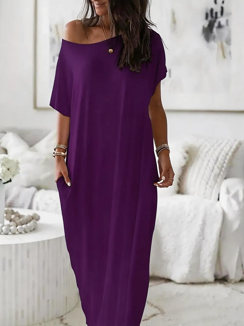 Women's Casual Off-Shoulder Maxi Dress with Pockets