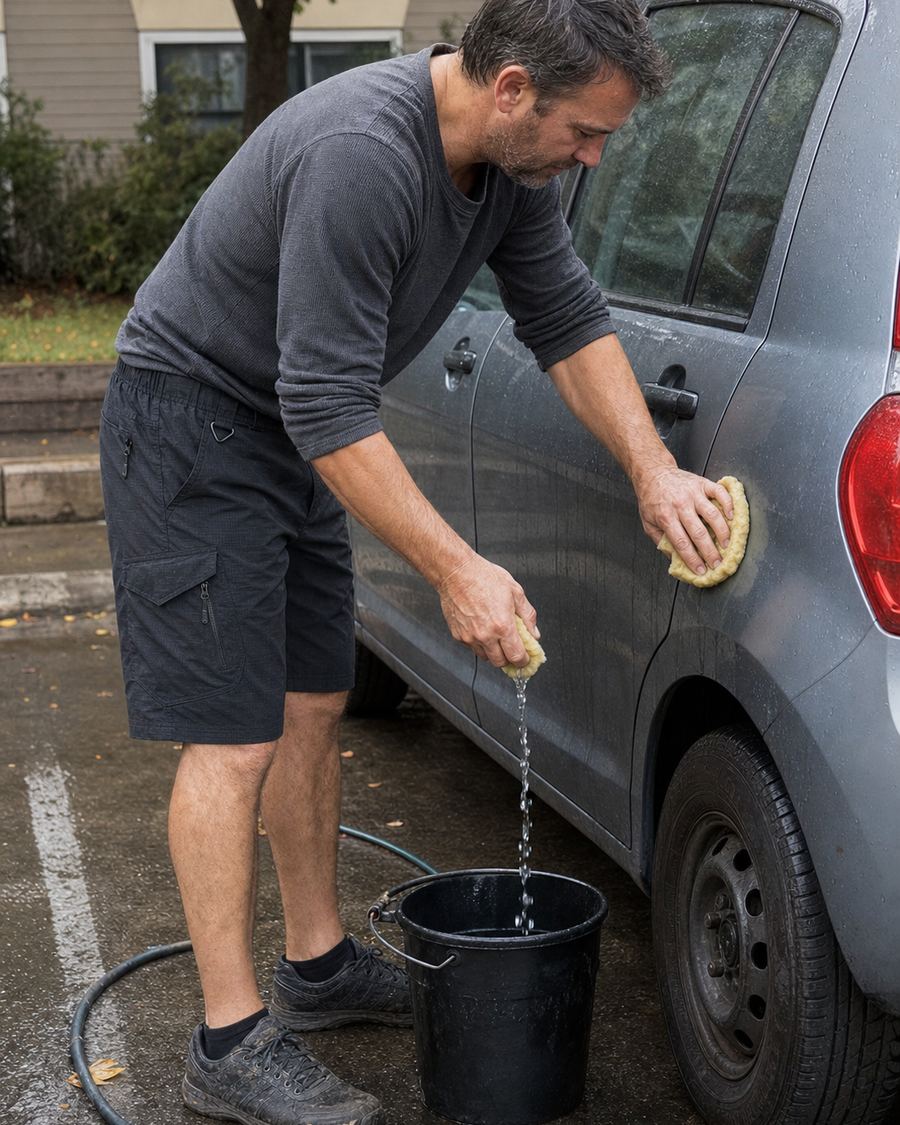 Water-repellent tactical cargo shorts worn outdoors after a rain shower