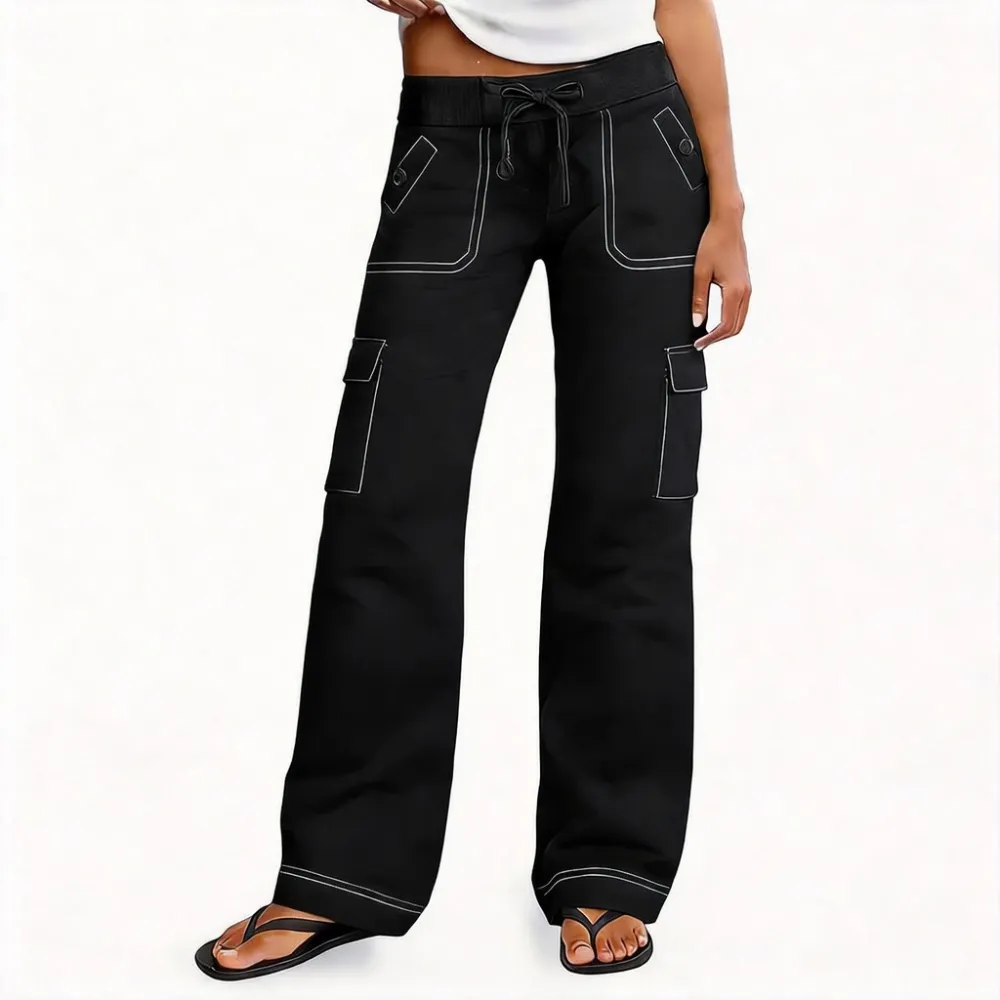 Women's Wide Leg Cargo Pants - Stretchy Waist Casual Workwear with Contrast Stitching