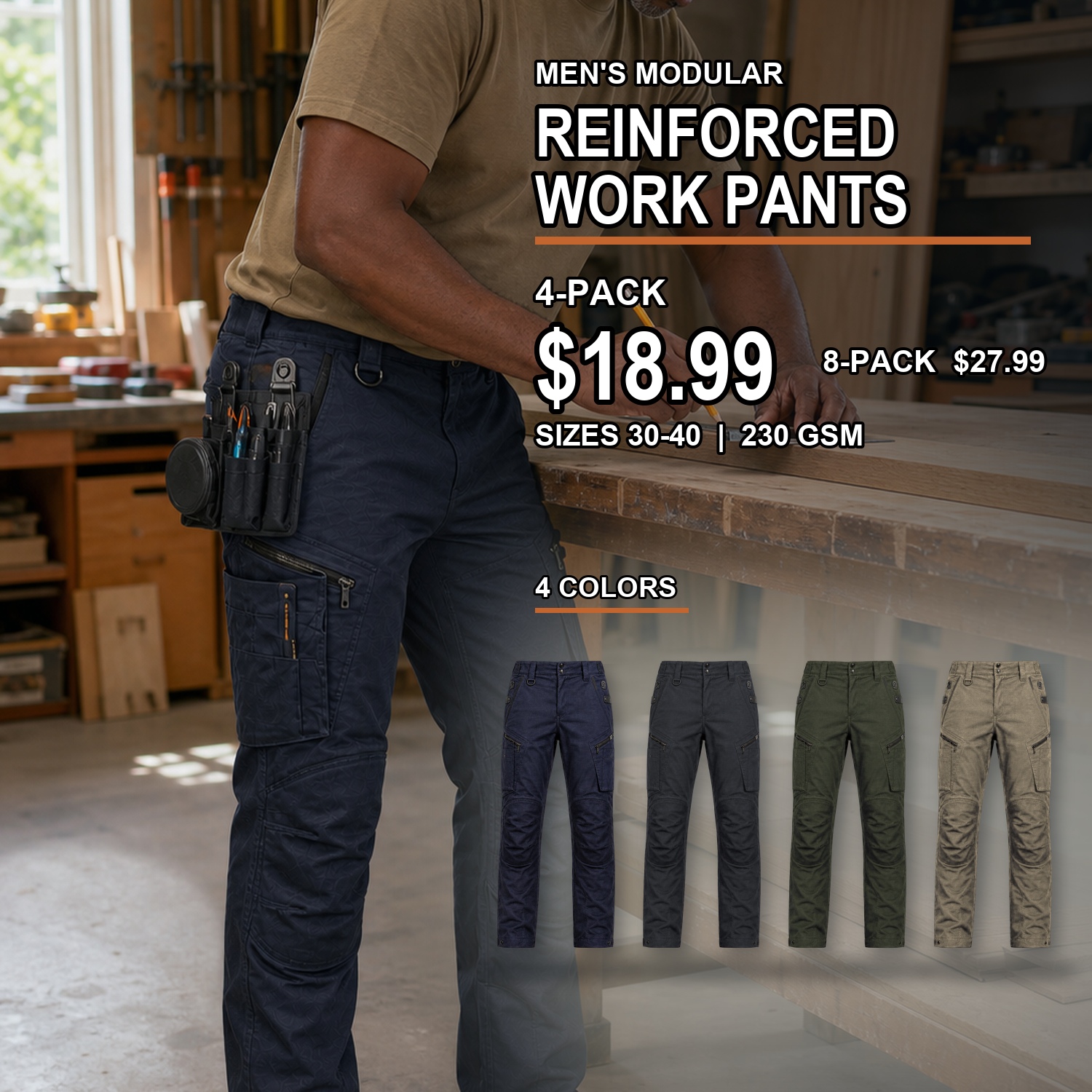 Men's modular reinforced work pants cover with integrated four-color display