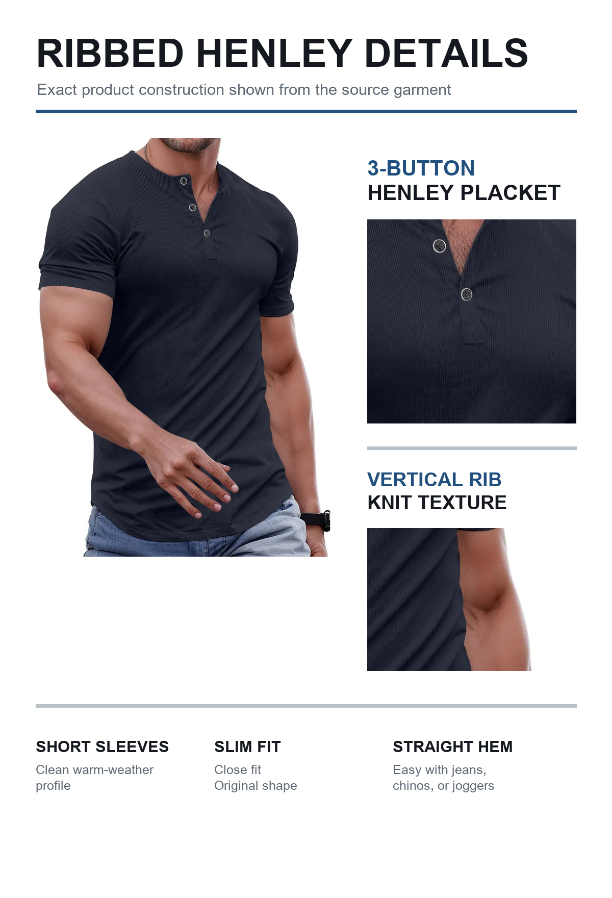 Ribbed knit texture and three-button Henley construction