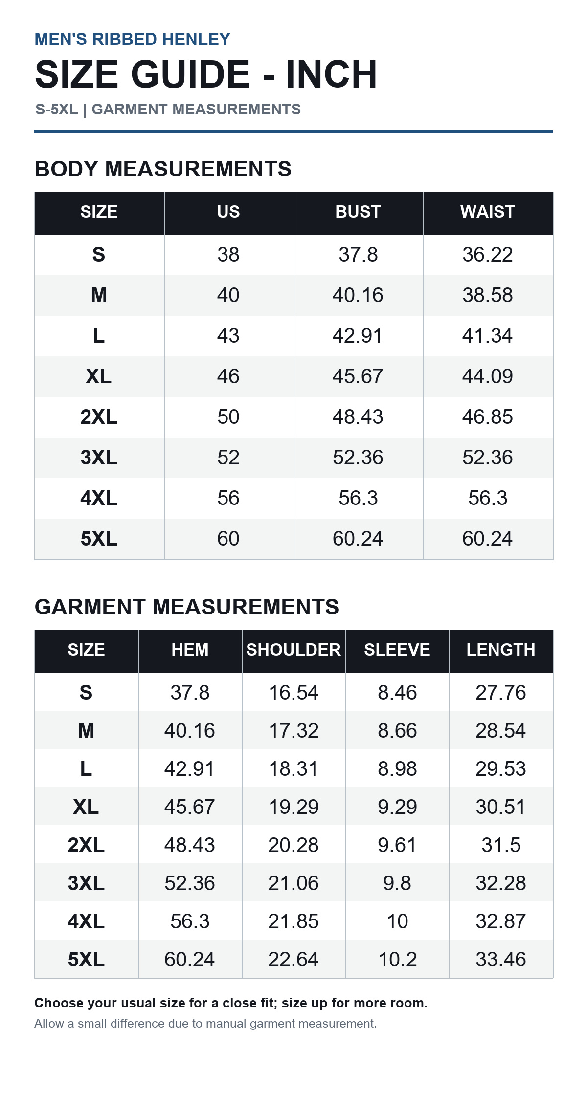 Men's ribbed Henley size guide in inches