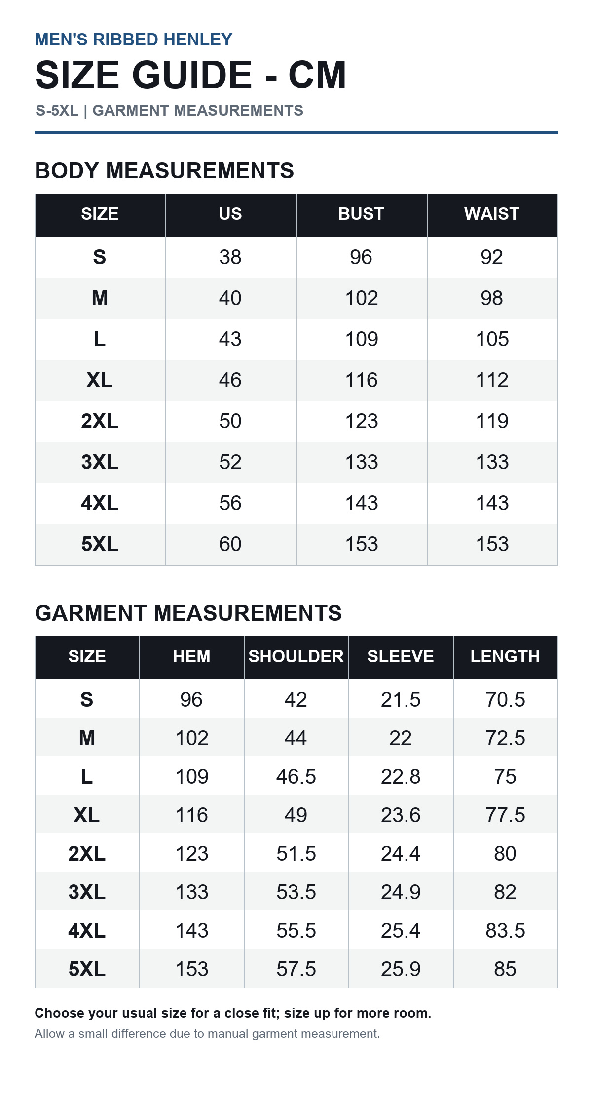 Men's ribbed Henley size guide in centimeters