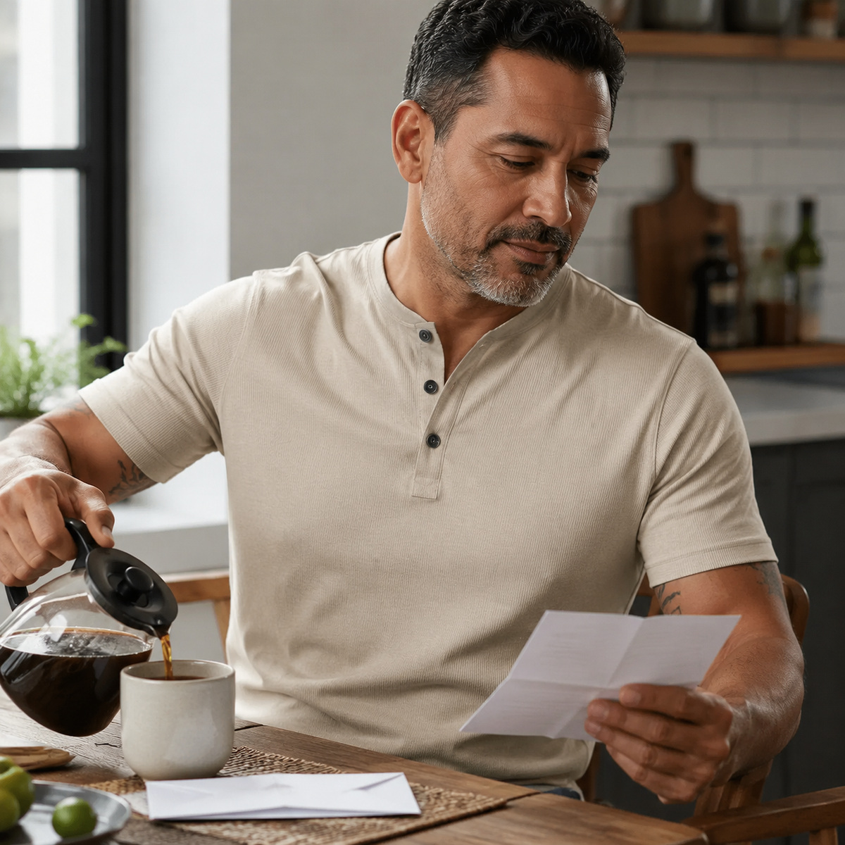 Cream ribbed Henley worn at home