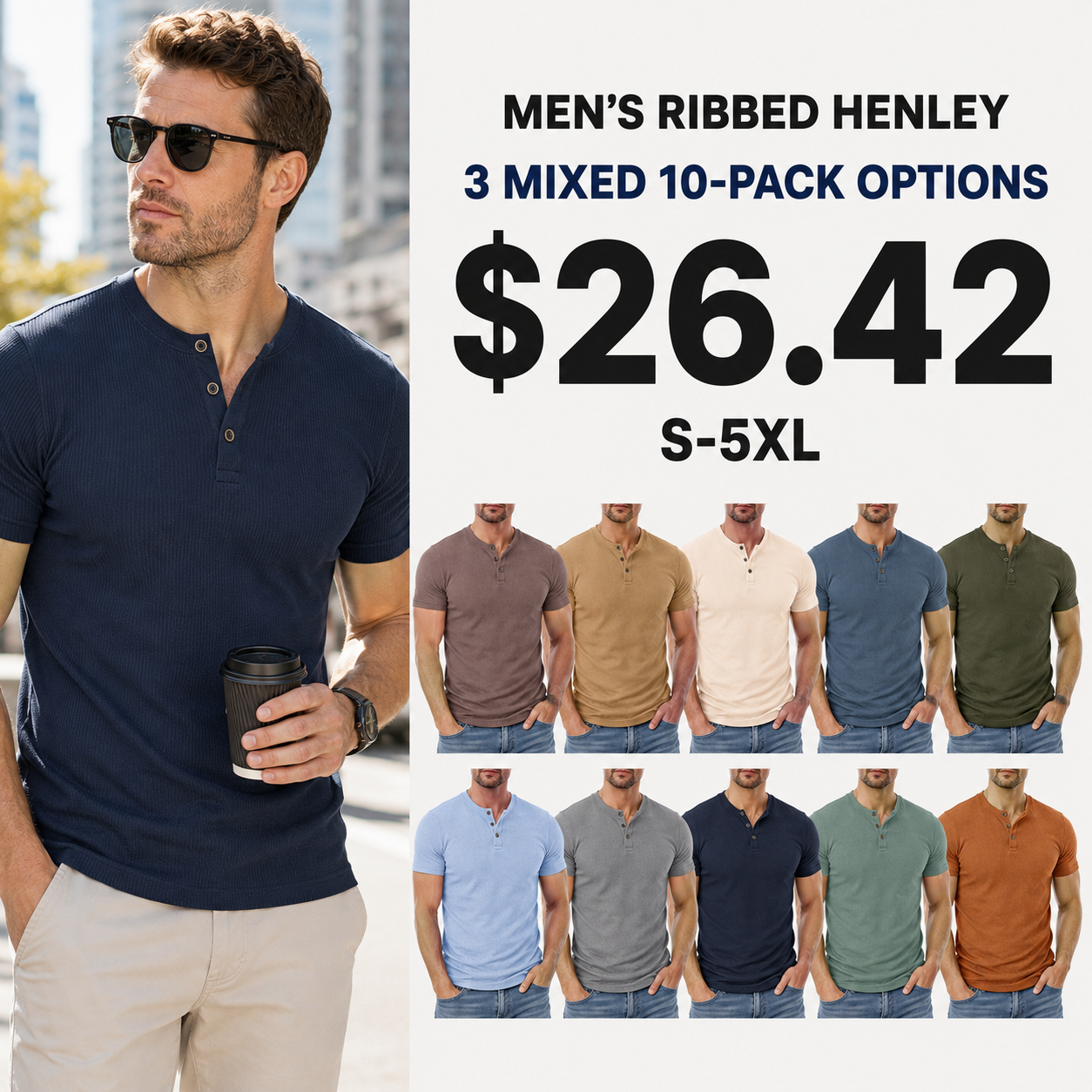 Men's ribbed Henley three mixed 10-pack options cover