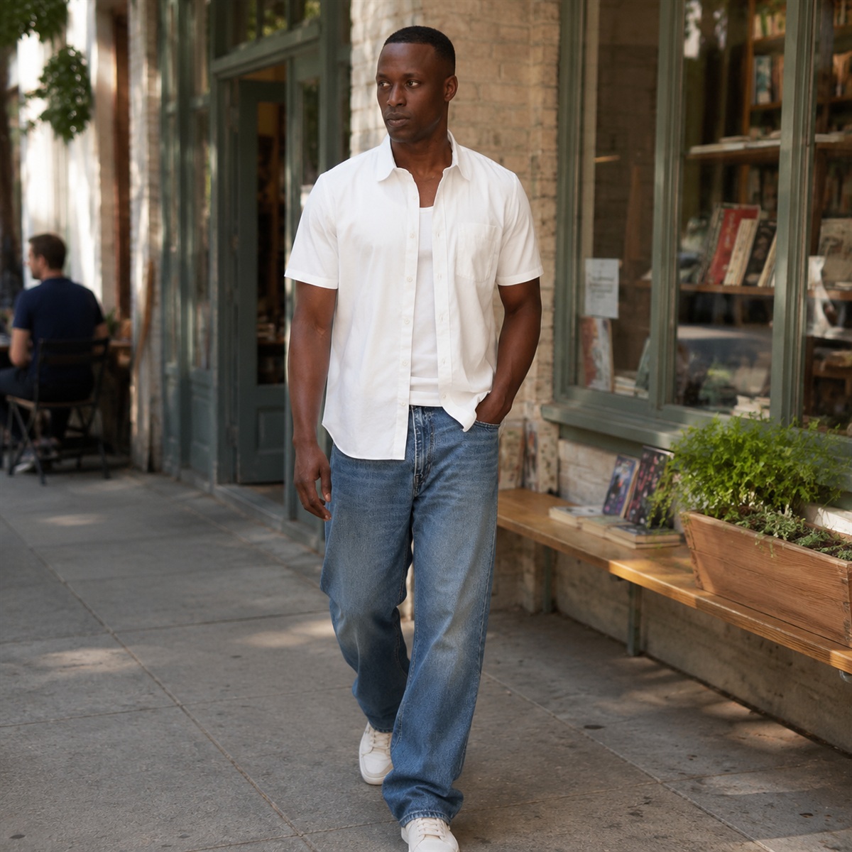 Optic White men's stretch poplin short sleeve shirt everyday lifestyle scene