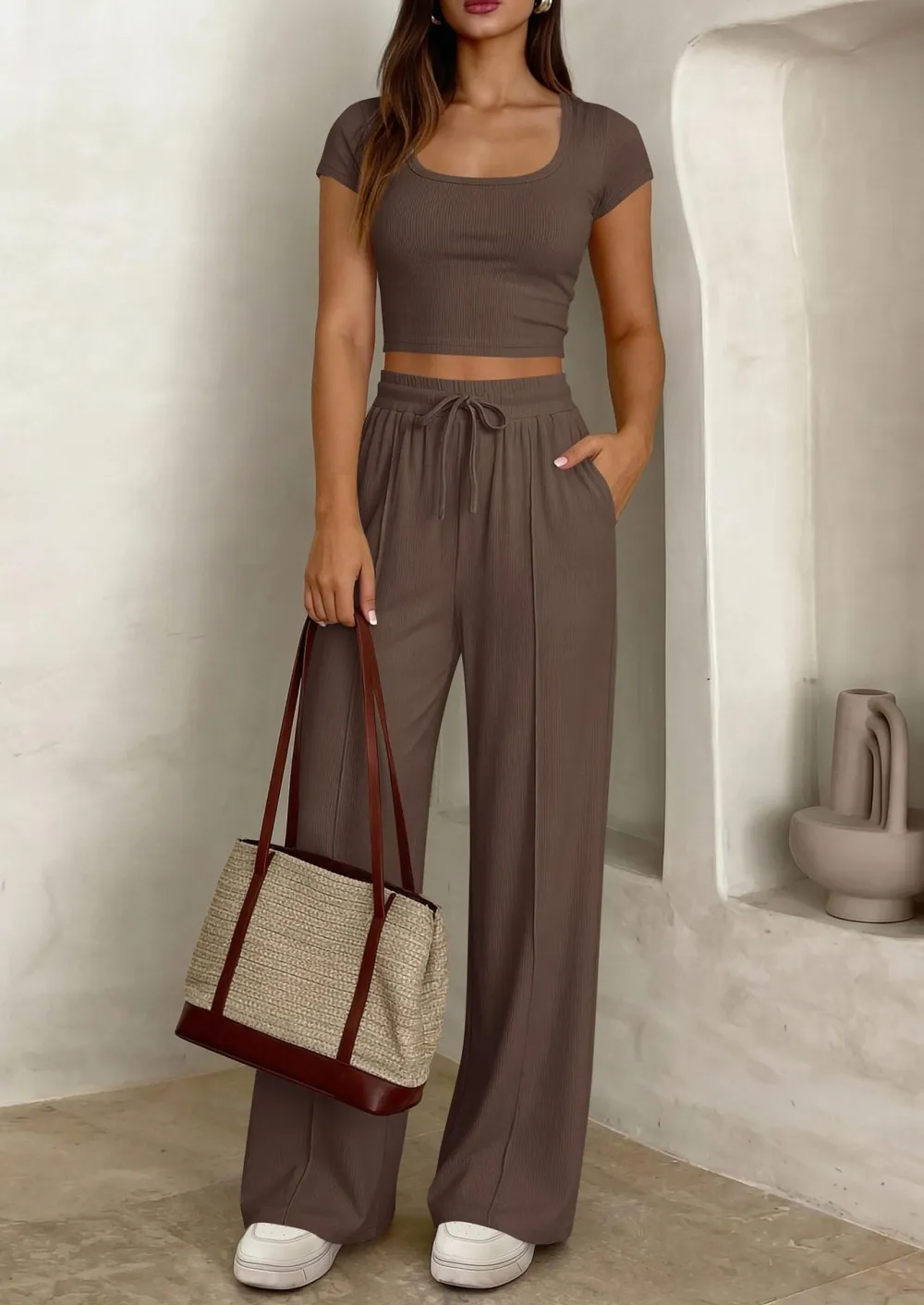 Women's 2 Piece Outfits Square Neck Crop Top High Waist Wide Leg Pants Loungewear Set