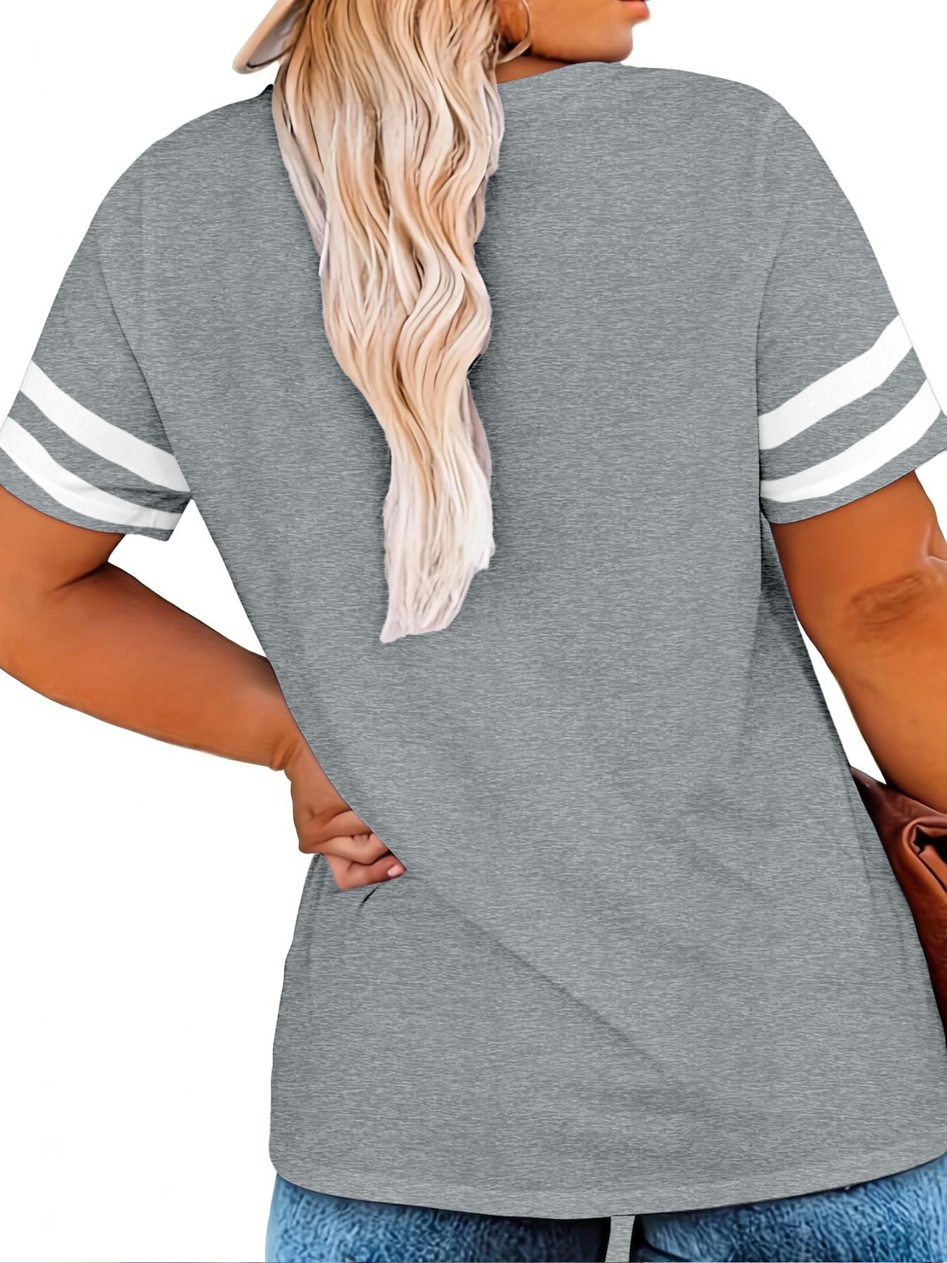 Plus Size Contrast Striped Print V Neck Tee, Casual Short Sleeve T-shirt for Summer, Women's Plus Clothing for Daily Wear, Everyday Cute Tops