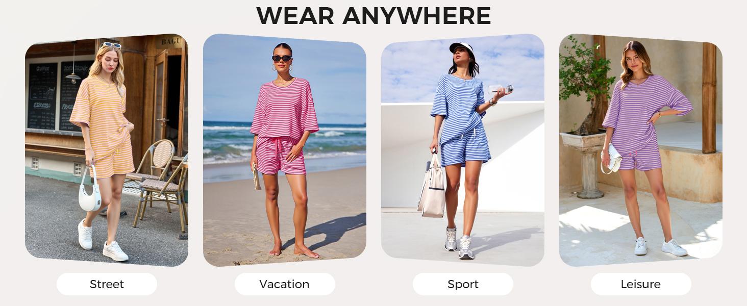 Womens Striped Short Sets 2 Piece Outfits Sweatsuits 3/4 Sleeve Pajamas Casual Lounge Sets #TikTokShopHolidayHaul
