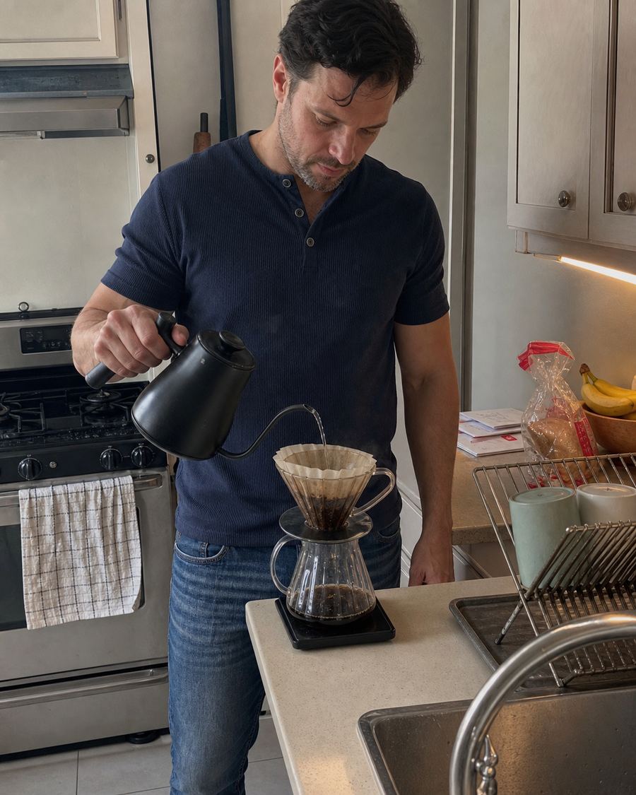 Dark navy ribbed knit Henley worn while making morning coffee